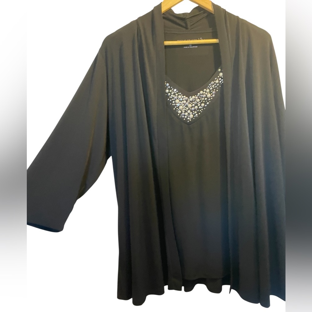 SUSAN GRAVER Black 2-Piece Twinset Jacket and Pearl Adorned Tank Blouse Top - 1X - Picture 4 of 16